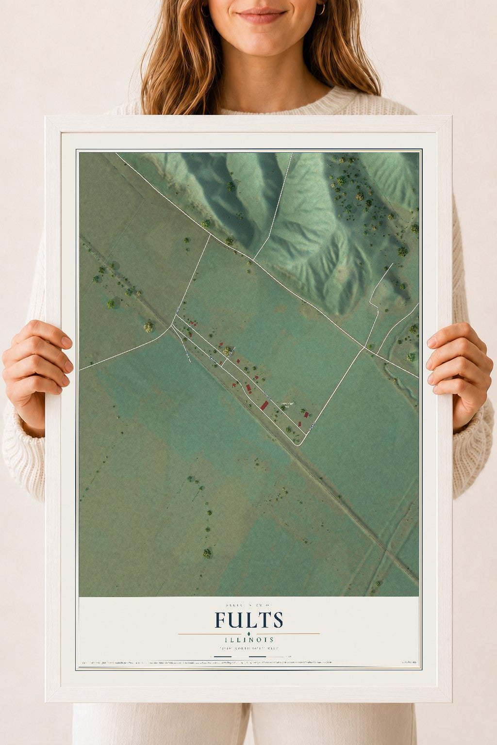 Map of Fults, Illinois, 18 x 24 inch print in a white wood frame
