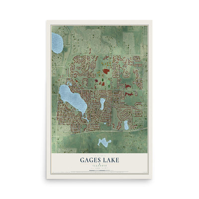Map of Gages Lake, Illinois, 12 x 18 inch unframed archival matte print