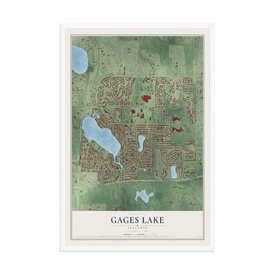 Map of Gages Lake, Illinois, 12 x 18 inch print in a white wood frame