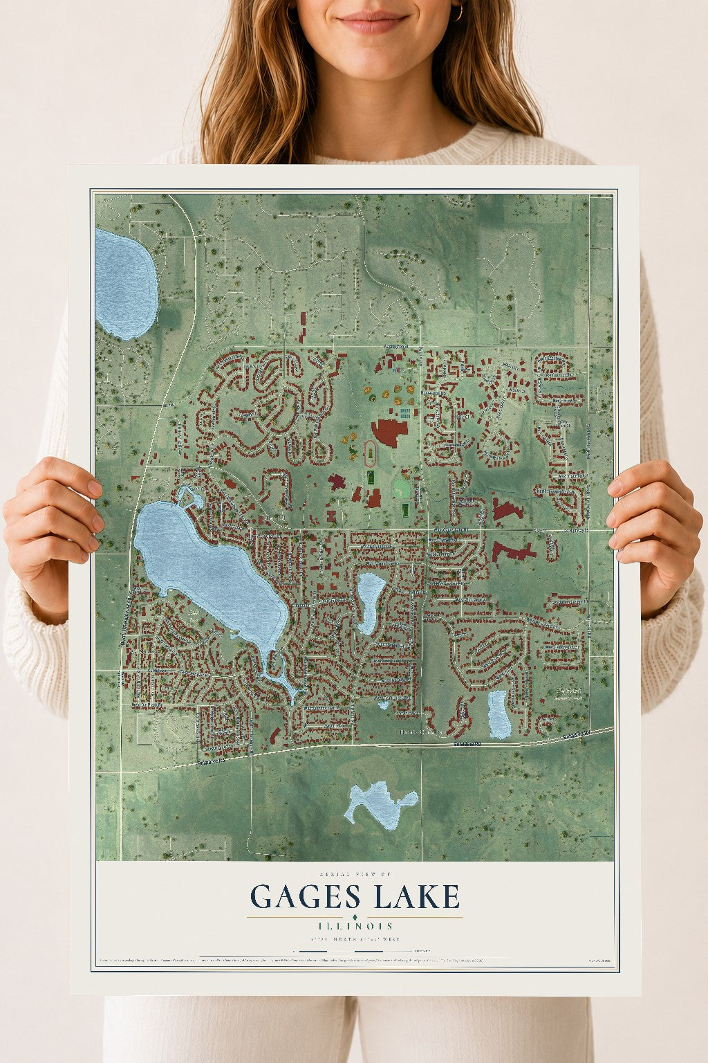 Map of Gages Lake, Illinois, 18 x 24 inch unframed archival matte print