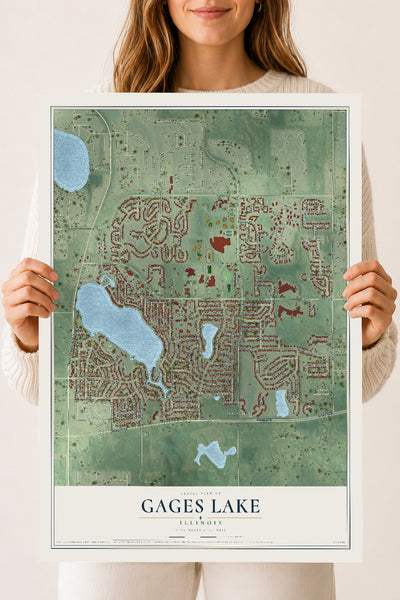 Map of Gages Lake, Illinois, 18 x 24 inch unframed archival matte print