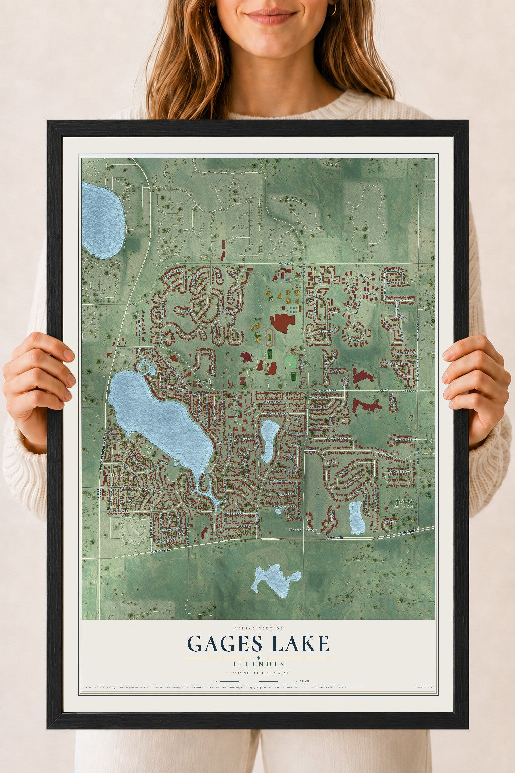 Map of Gages Lake, Illinois, 18 x 24 inch print in a black wood frame