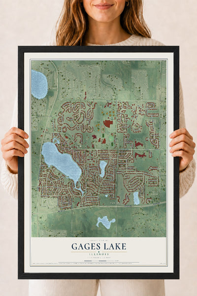 Map of Gages Lake, Illinois, 18 x 24 inch print in a black wood frame
