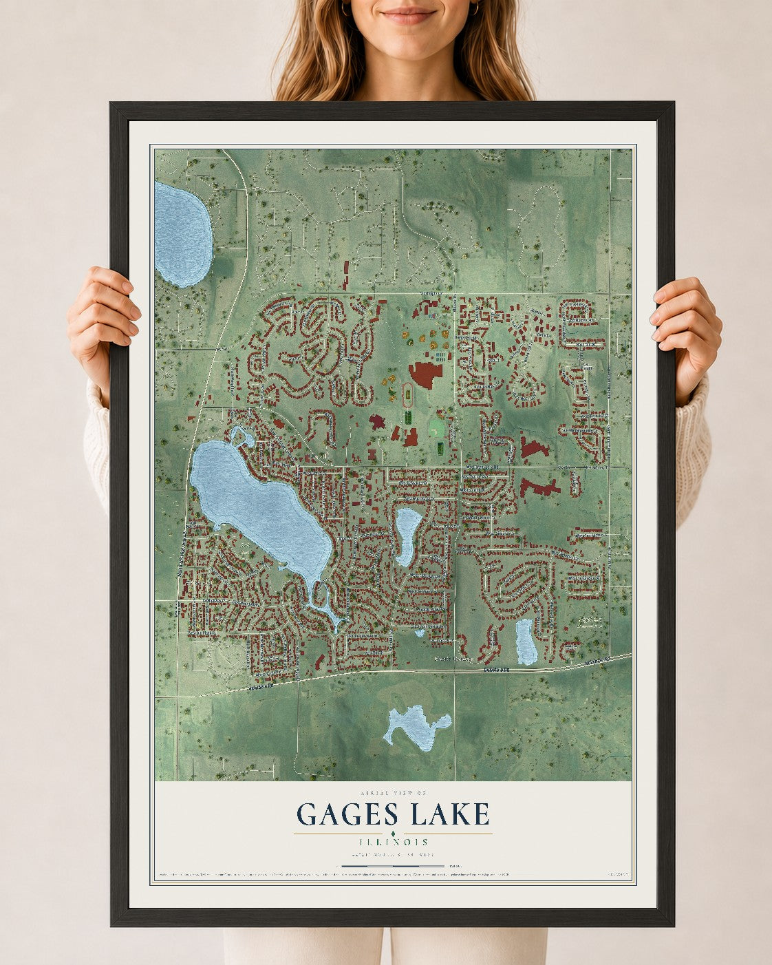 Map of Gages Lake, Illinois, 24 x 36 inch print in a black wood frame