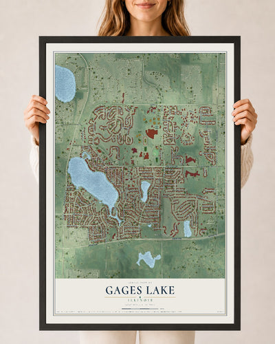 Map of Gages Lake, Illinois, 24 x 36 inch print in a black wood frame