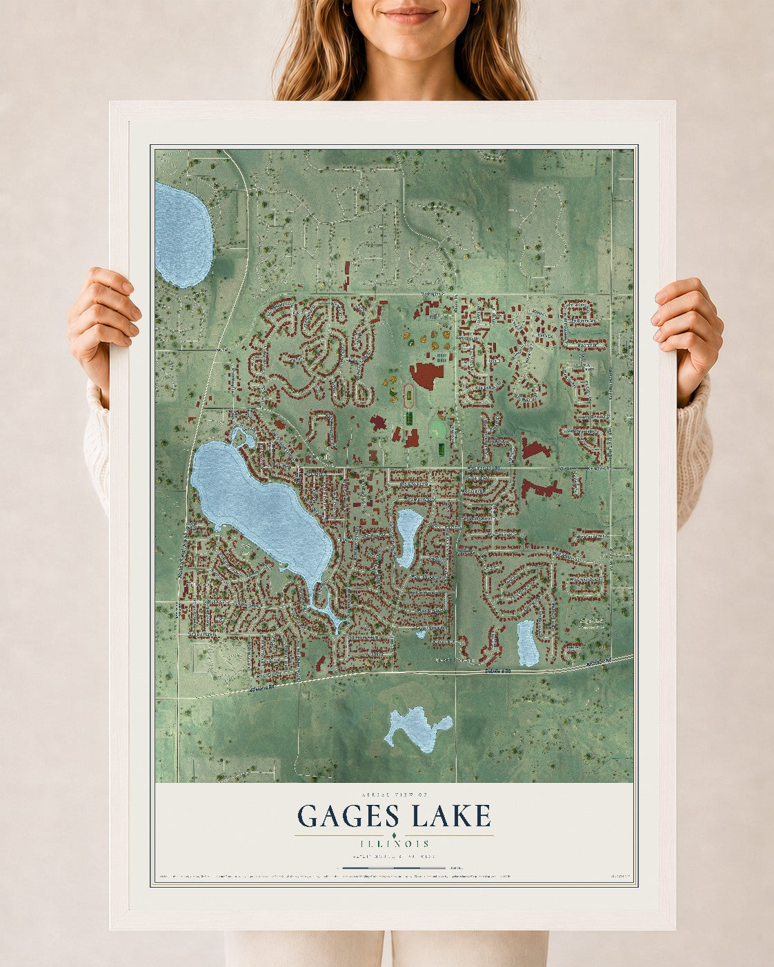 Map of Gages Lake, Illinois, 24 x 36 inch print in a white wood frame