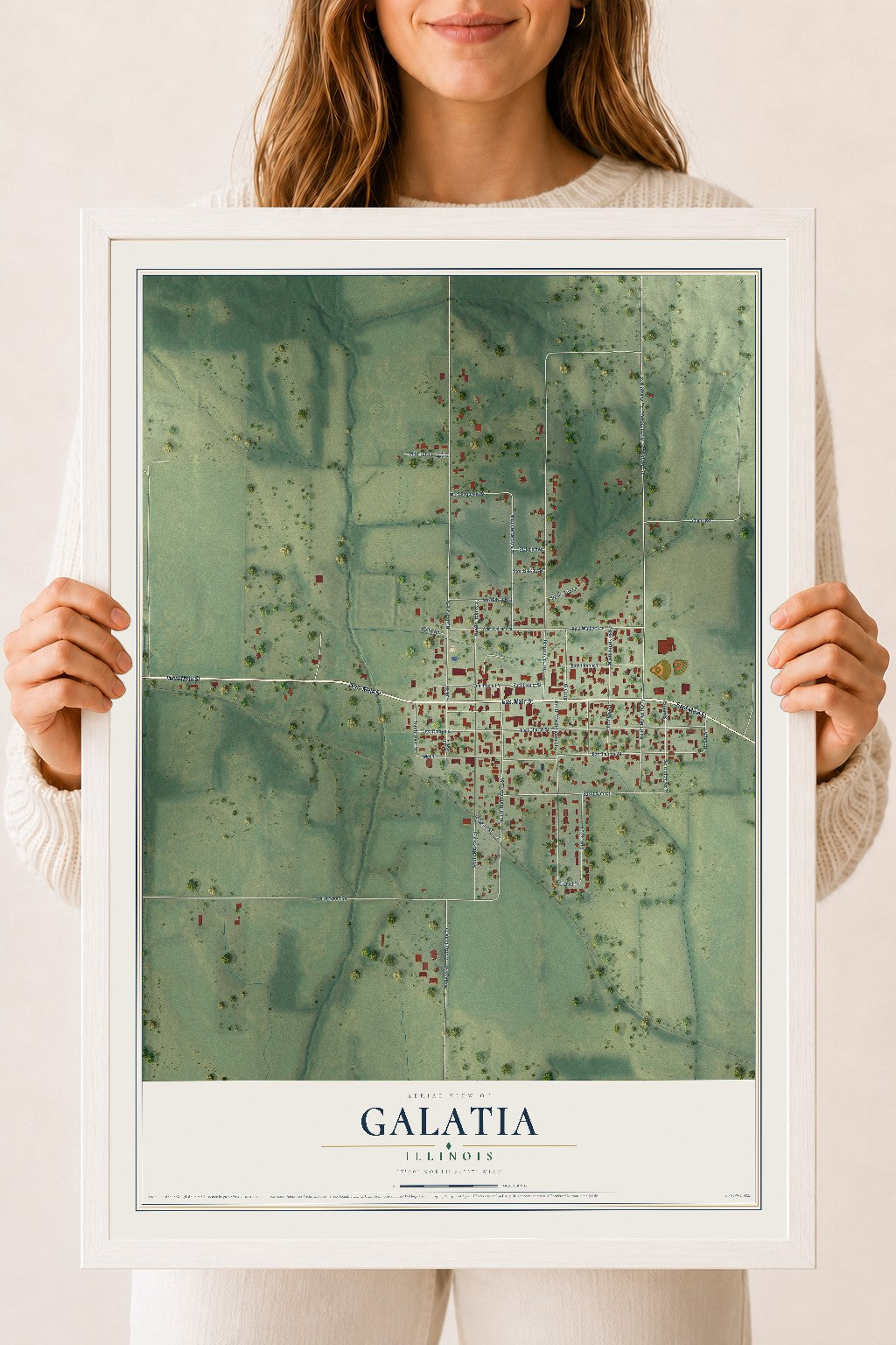 Map of Galatia, Illinois, 18 x 24 inch print in a white wood frame