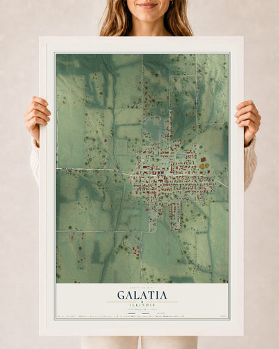 Map of Galatia, Illinois, 24 x 36 inch print in a white wood frame