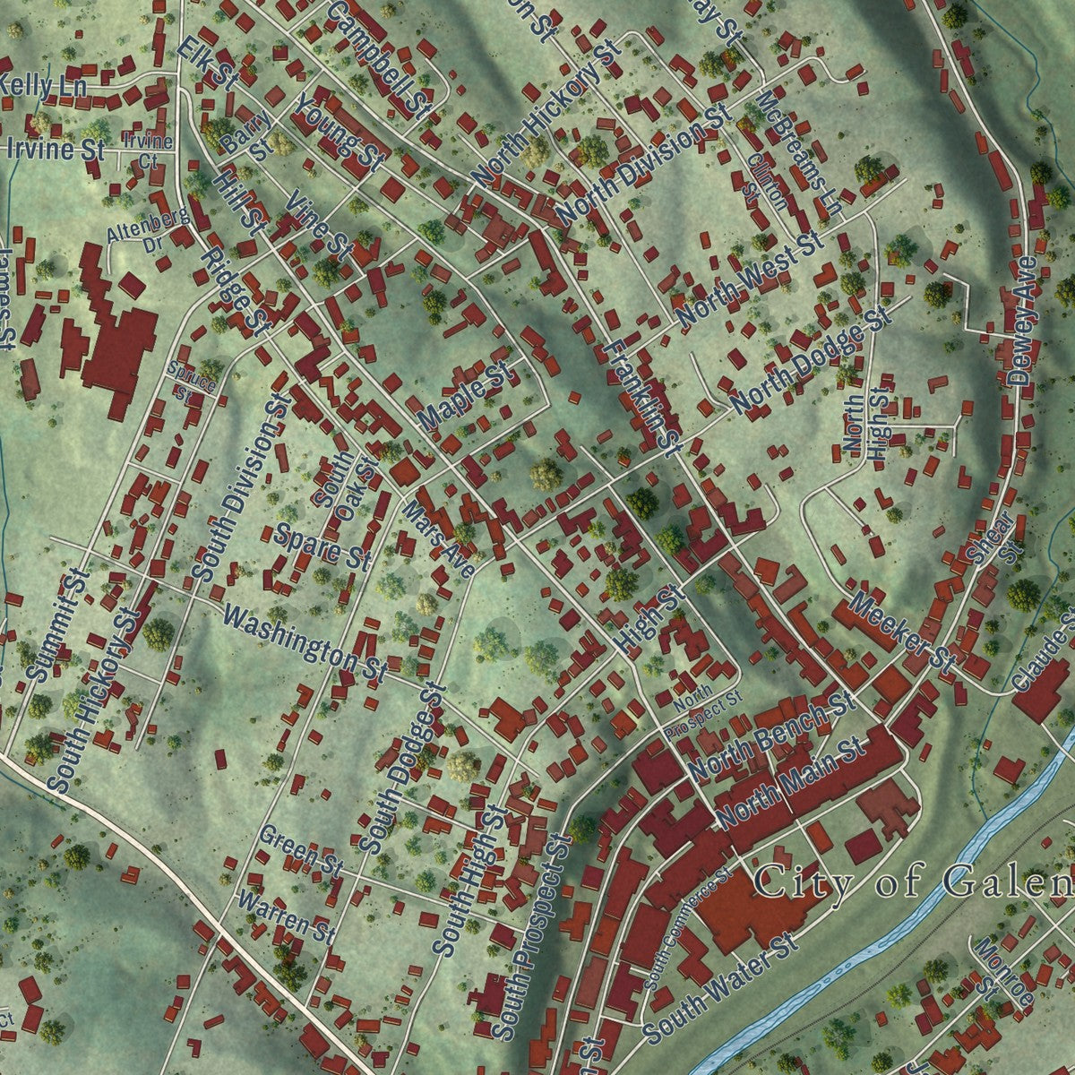 Close-up of the map of Galena, Illinois print showing street and building detail