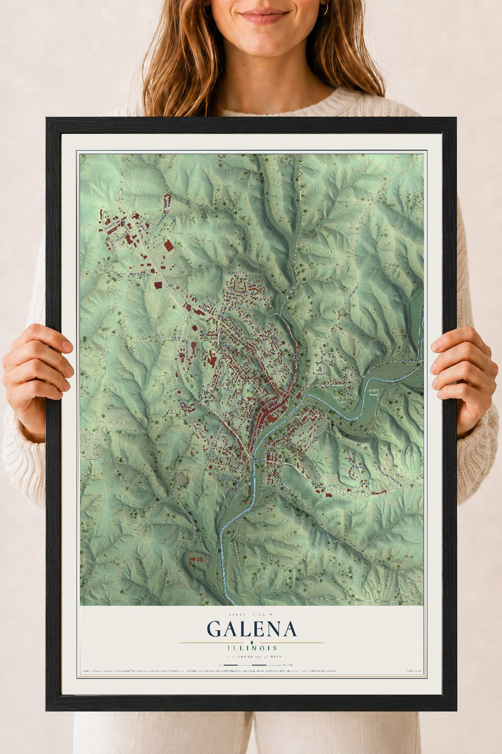 Map of Galena, Illinois, 18 x 24 inch print in a black wood frame