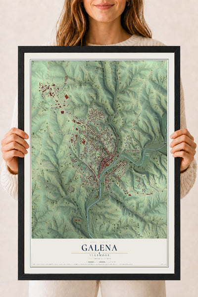 Map of Galena, Illinois, 18 x 24 inch print in a black wood frame