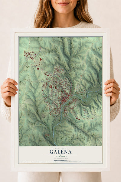 Map of Galena, Illinois, 18 x 24 inch print in a white wood frame