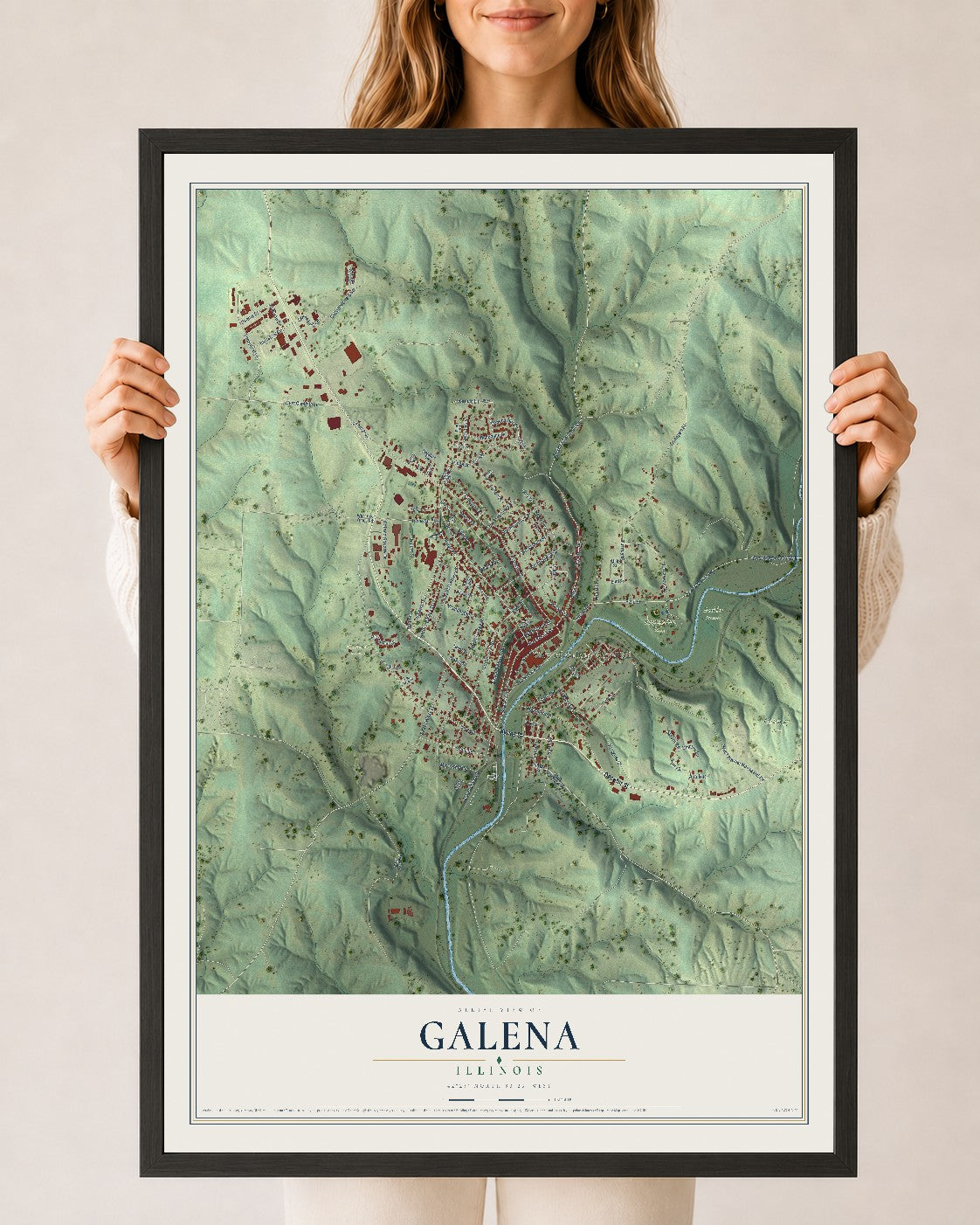 Map of Galena, Illinois, 24 x 36 inch print in a black wood frame
