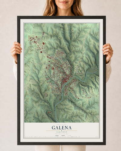 Map of Galena, Illinois, 24 x 36 inch print in a black wood frame