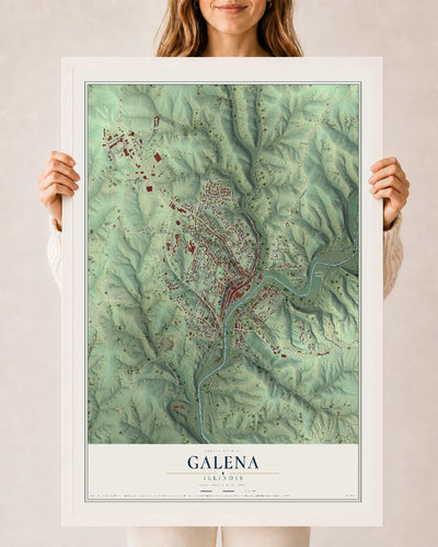 Map of Galena, Illinois, 24 x 36 inch print in a white wood frame