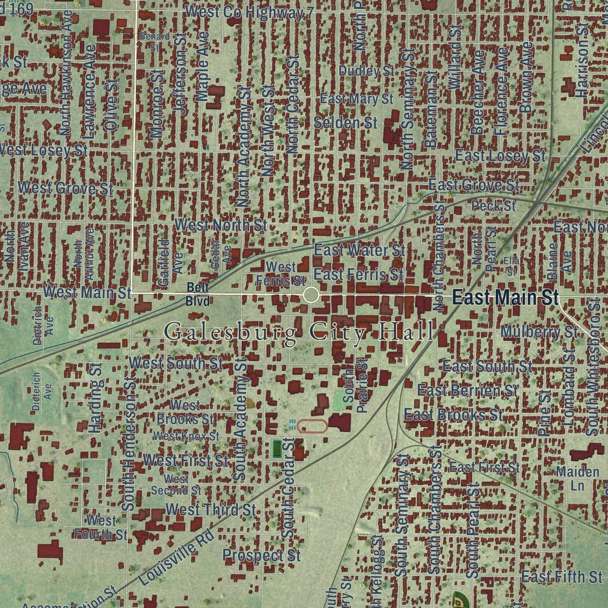 Close-up of the map of Galesburg, Illinois print showing street and building detail