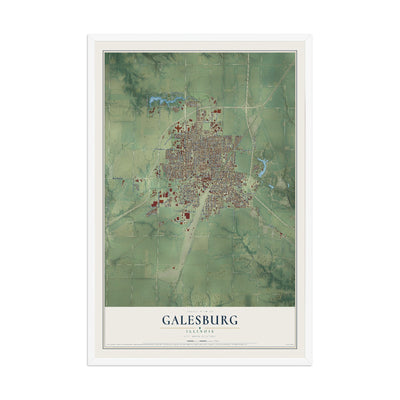 Map of Galesburg, Illinois, 12 x 18 inch print in a white wood frame