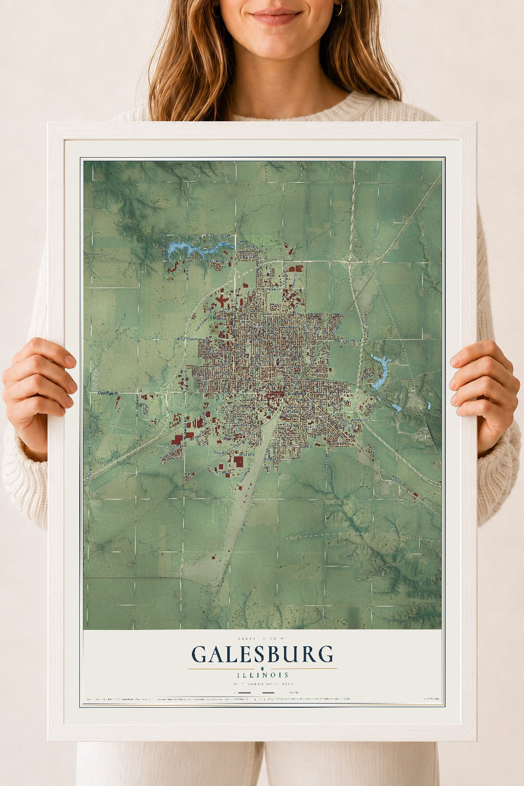 Map of Galesburg, Illinois, 18 x 24 inch print in a white wood frame