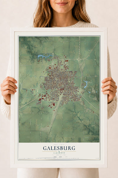 Map of Galesburg, Illinois, 18 x 24 inch print in a white wood frame