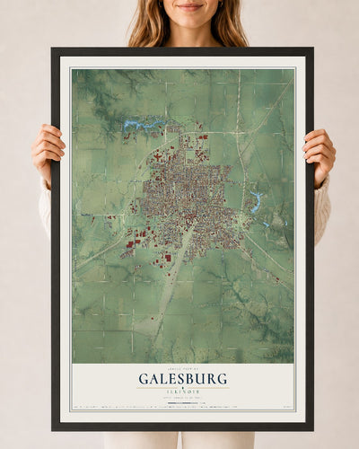 Map of Galesburg, Illinois, 24 x 36 inch print in a black wood frame
