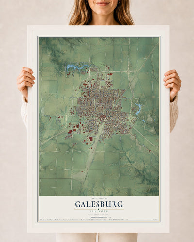 Map of Galesburg, Illinois, 24 x 36 inch print in a white wood frame