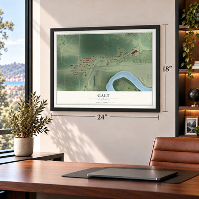 Galt, Illinois map, 18 x 24 inch print in a black frame in a home office