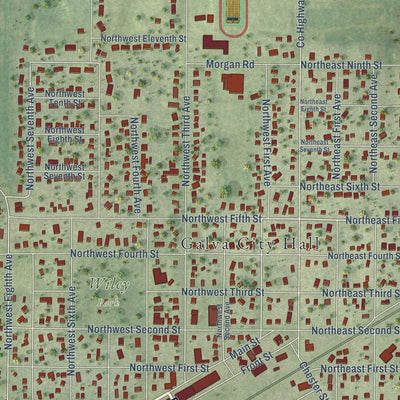 Close-up of the map of Galva, Illinois print showing street and building detail