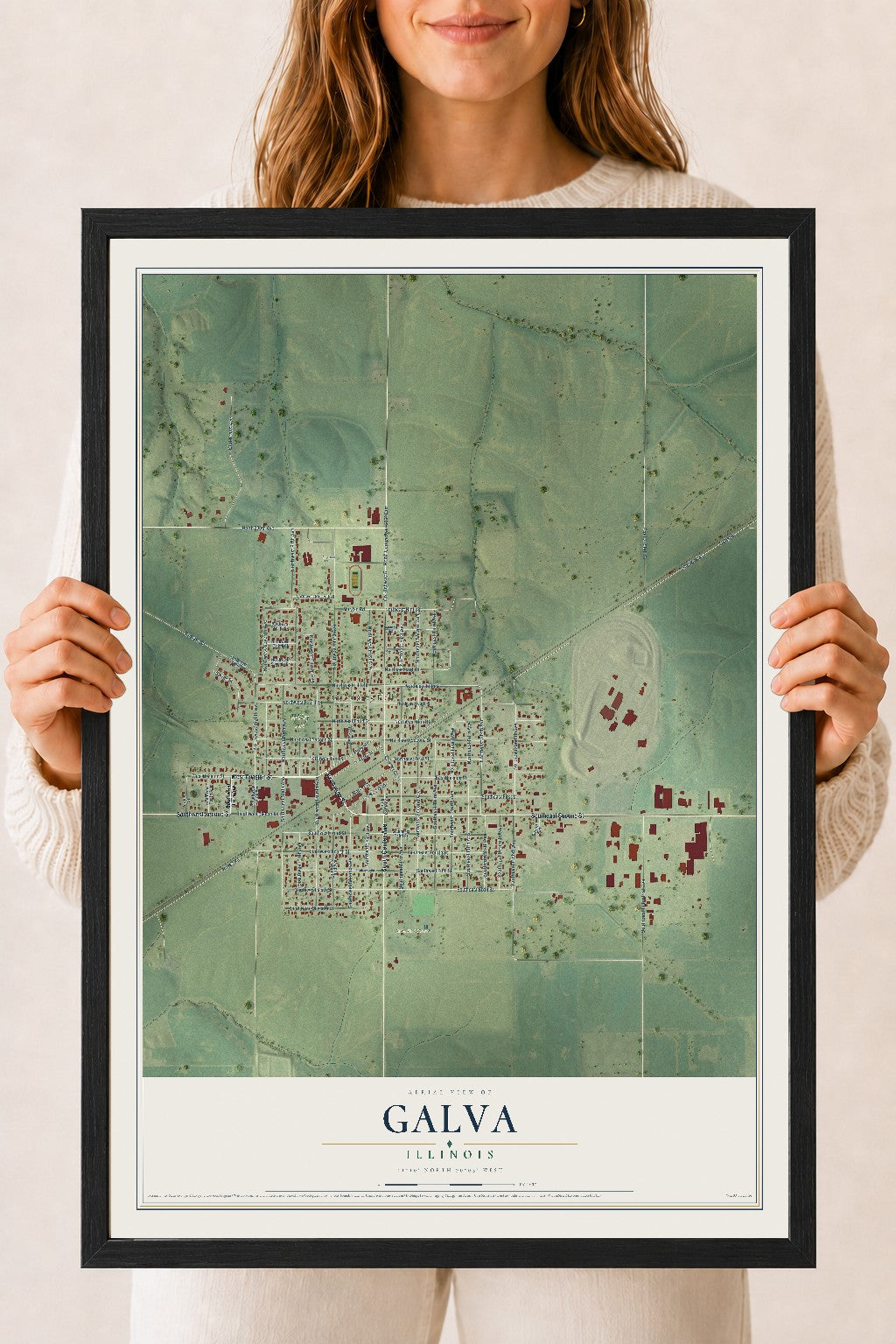 Map of Galva, Illinois, 18 x 24 inch print in a black wood frame