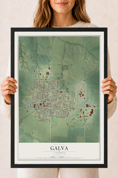 Map of Galva, Illinois, 18 x 24 inch print in a black wood frame