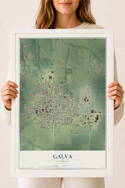 Map of Galva, Illinois, 18 x 24 inch print in a white wood frame