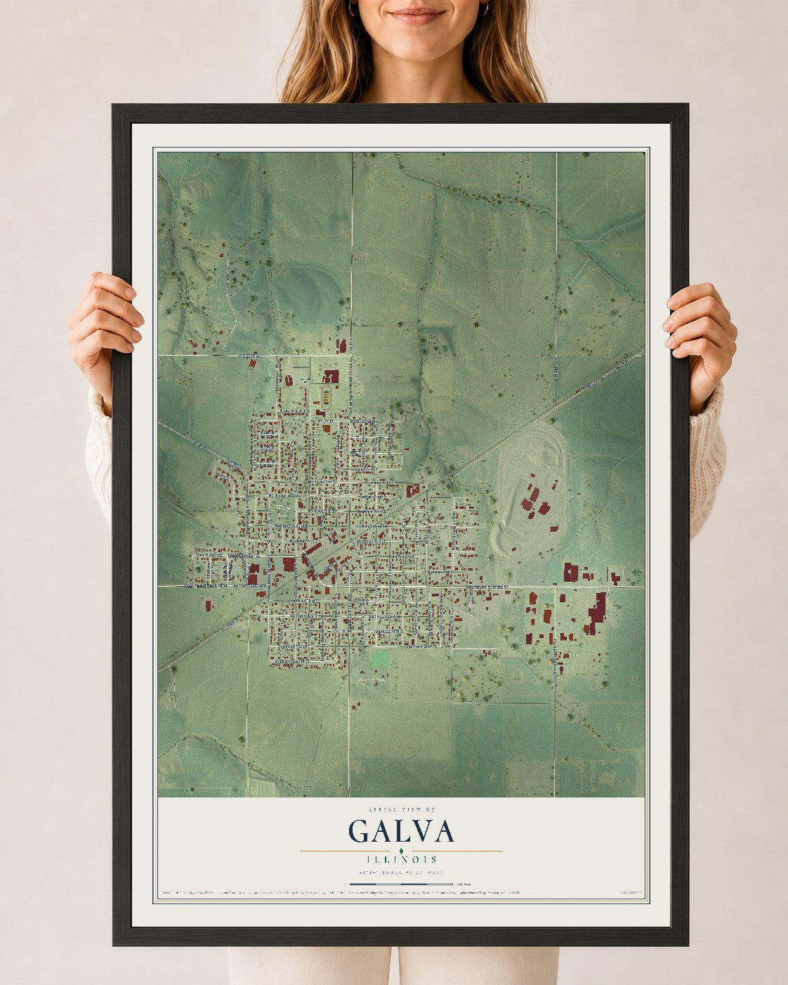 Map of Galva, Illinois, 24 x 36 inch print in a black wood frame