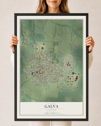 Map of Galva, Illinois, 24 x 36 inch print in a black wood frame