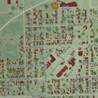 Close-up of the map of Gardner, Illinois print showing street and building detail