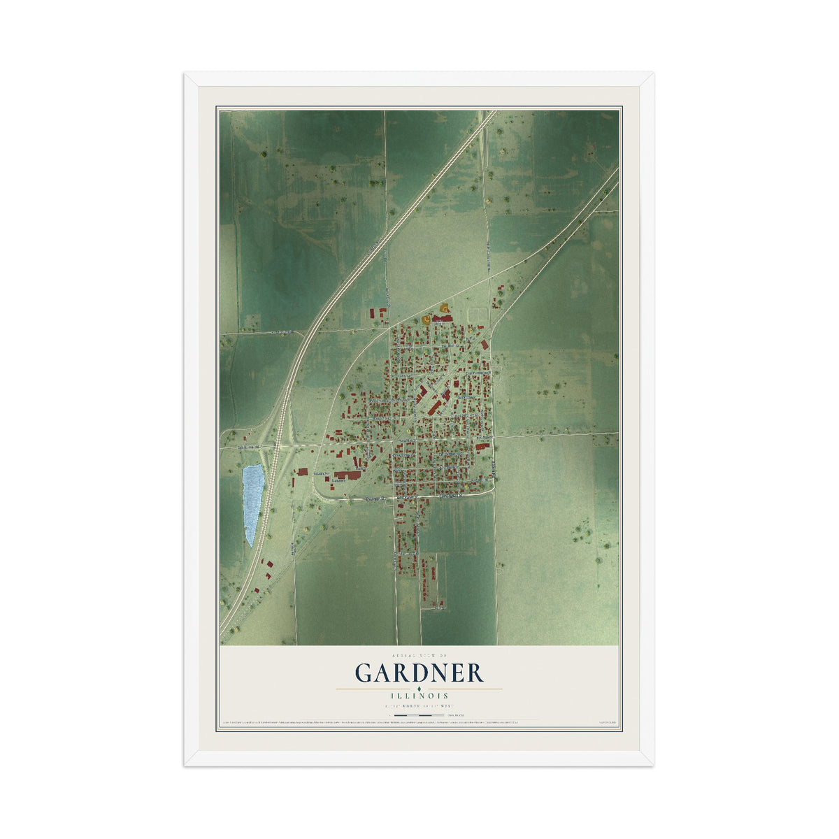 Map of Gardner, Illinois, 12 x 18 inch print in a white wood frame