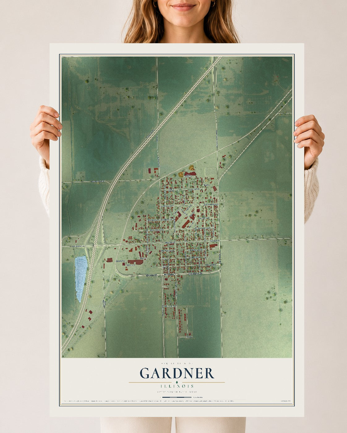 Map of Gardner, Illinois, 24 x 36 inch unframed archival matte print