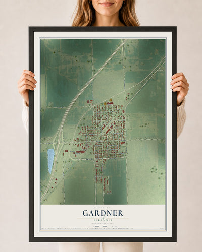 Map of Gardner, Illinois, 24 x 36 inch print in a black wood frame