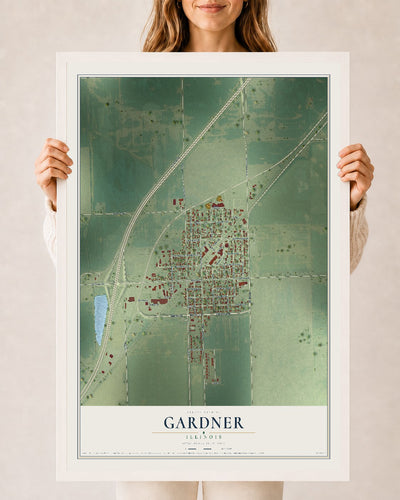 Map of Gardner, Illinois, 24 x 36 inch print in a white wood frame