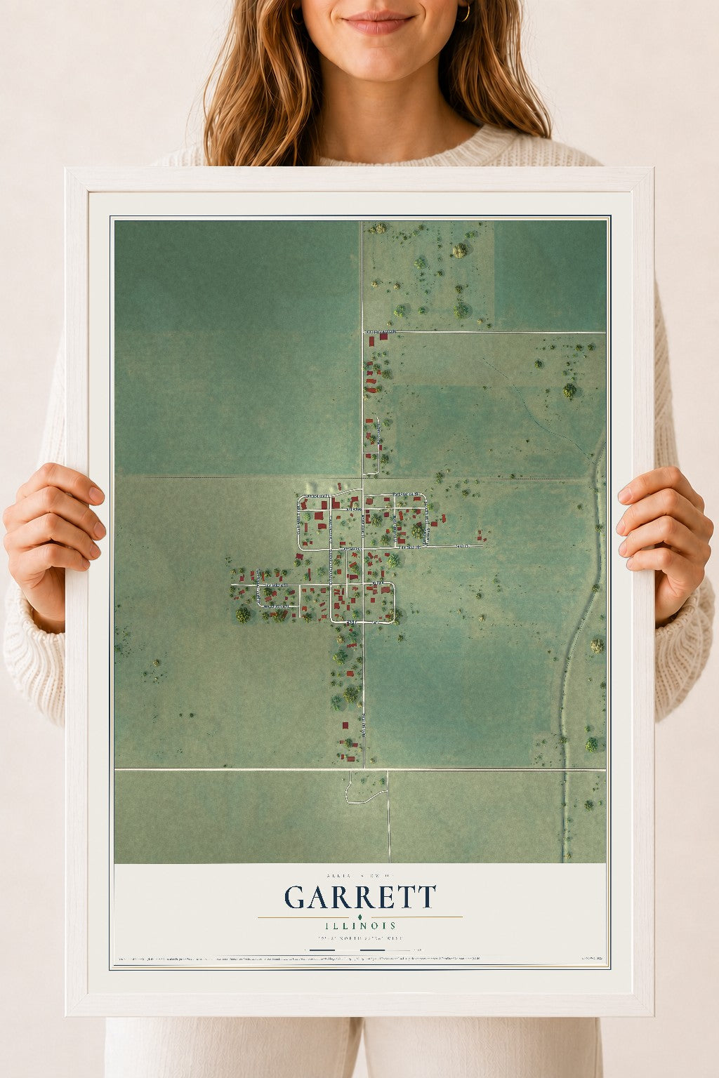 Map of Garrett, Illinois, 18 x 24 inch print in a white wood frame