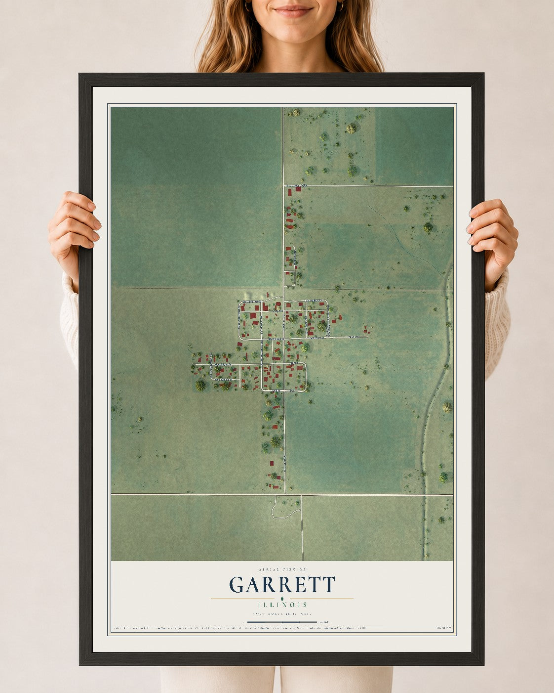 Map of Garrett, Illinois, 24 x 36 inch print in a black wood frame