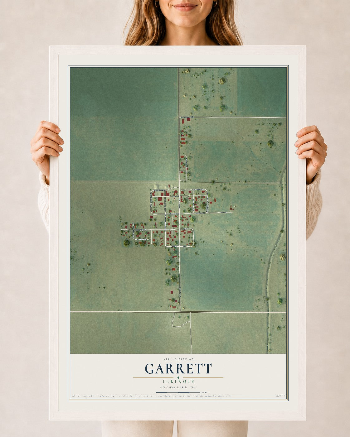 Map of Garrett, Illinois, 24 x 36 inch print in a white wood frame