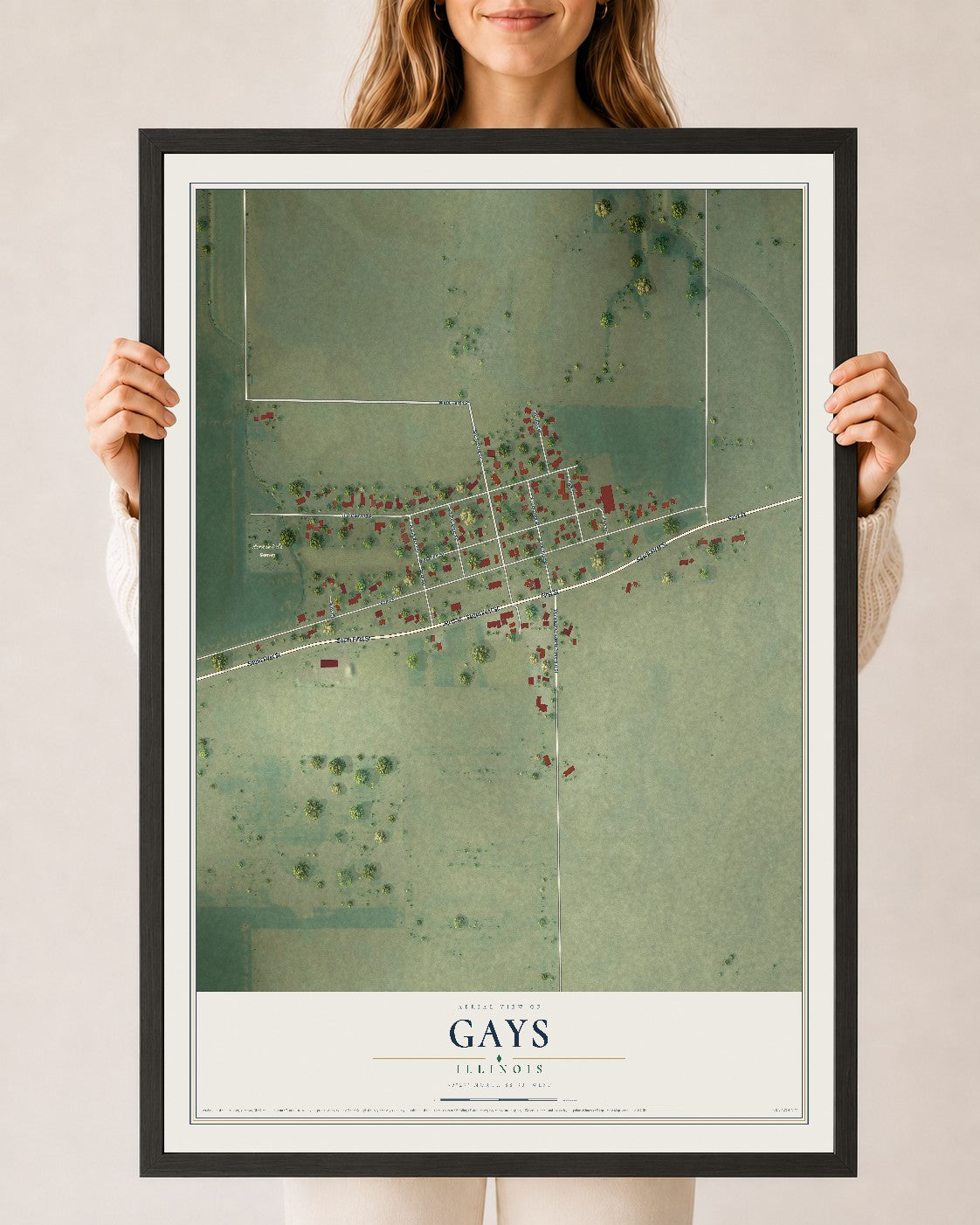 Map of Gays, Illinois, 24 x 36 inch print in a black wood frame