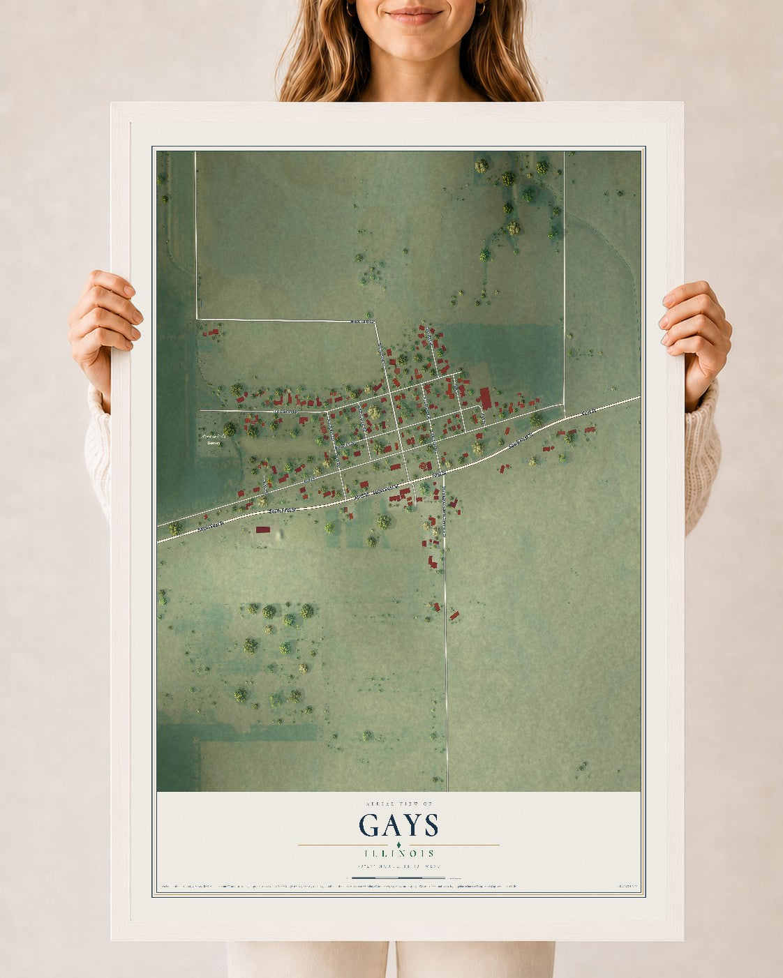 Map of Gays, Illinois, 24 x 36 inch print in a white wood frame