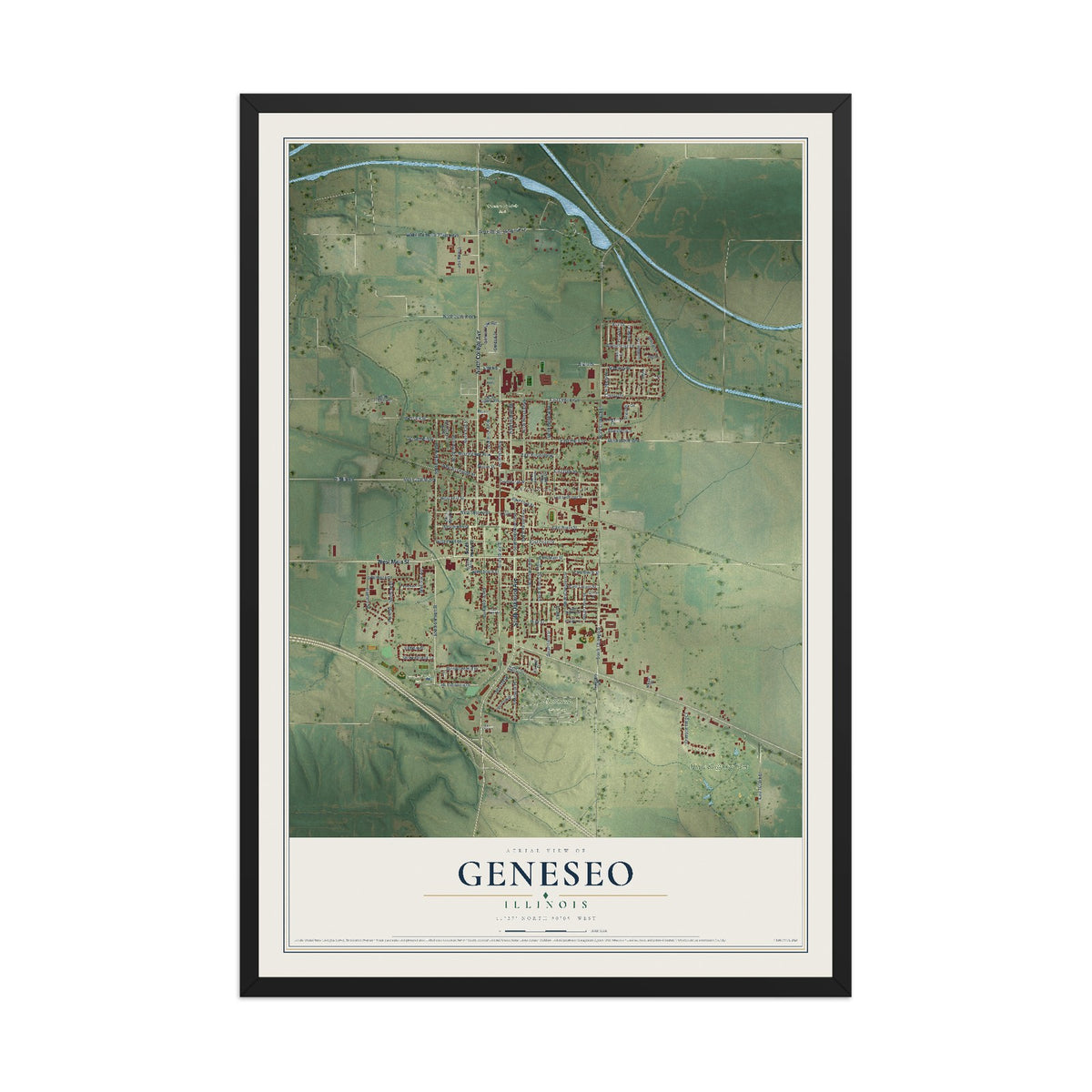 Map of Geneseo, Illinois, 12 x 18 inch print in a black wood frame
