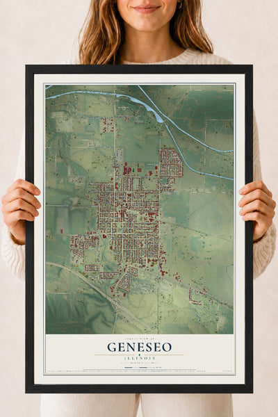 Map of Geneseo, Illinois, 18 x 24 inch print in a black wood frame