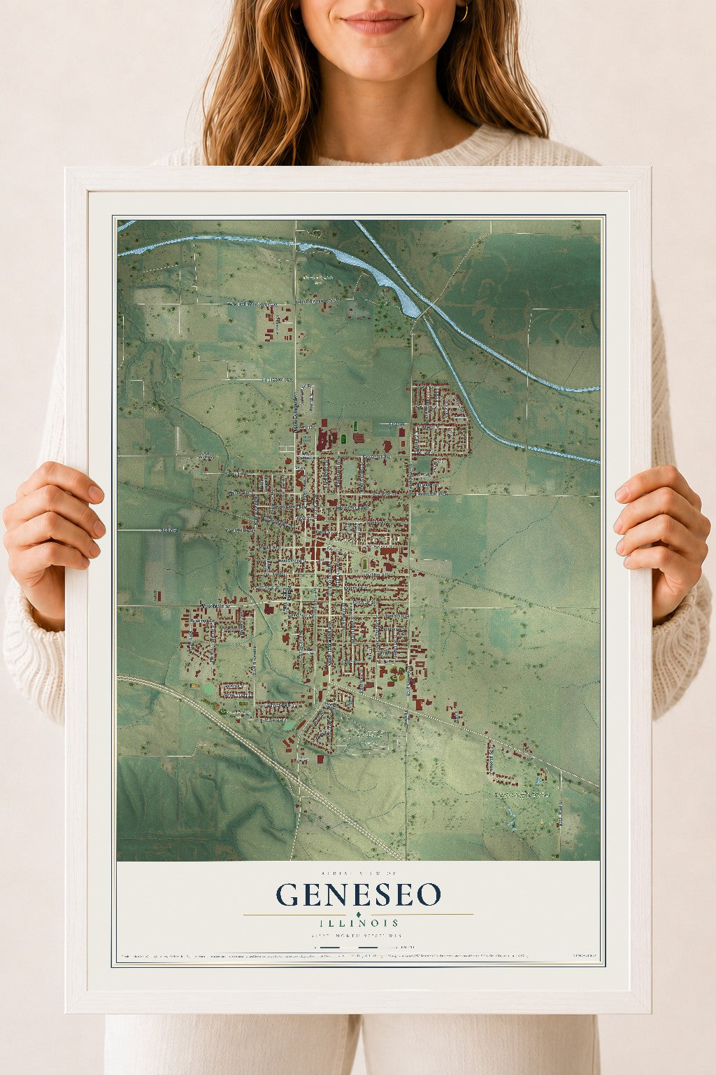 Map of Geneseo, Illinois, 18 x 24 inch print in a white wood frame