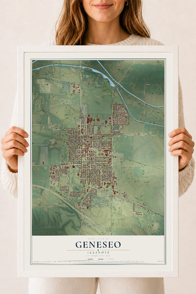 Map of Geneseo, Illinois, 18 x 24 inch print in a white wood frame