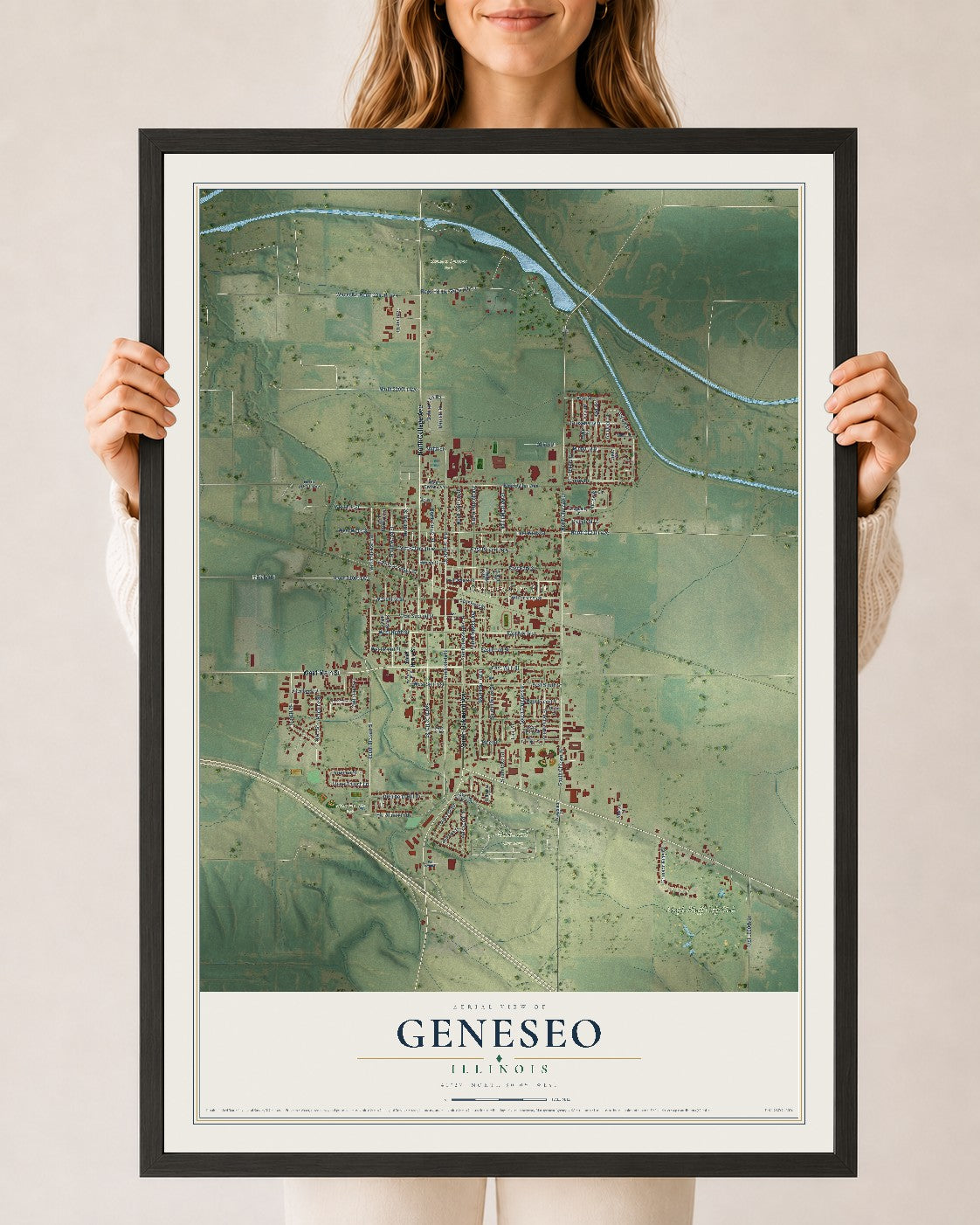 Map of Geneseo, Illinois, 24 x 36 inch print in a black wood frame