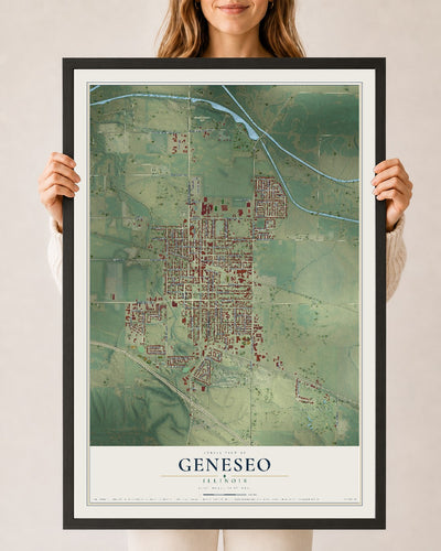 Map of Geneseo, Illinois, 24 x 36 inch print in a black wood frame