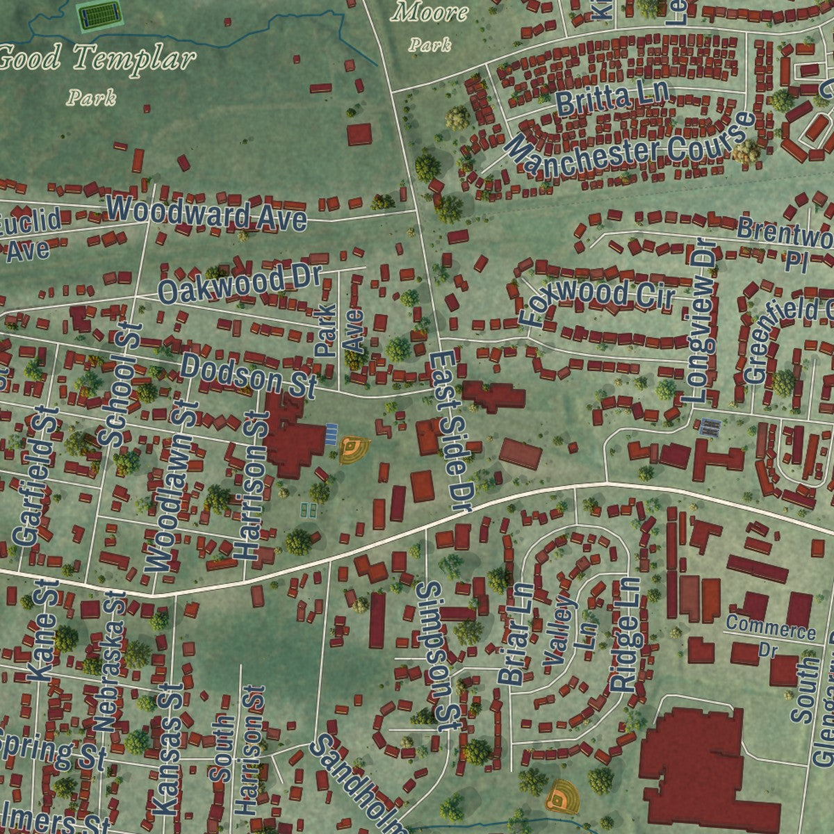 Second close-up of the map of Geneva, Illinois print showing more streets and buildings
