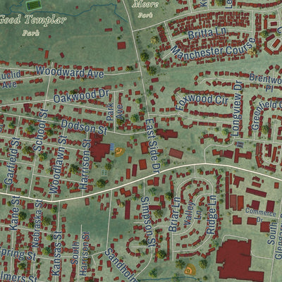 Second close-up of the map of Geneva, Illinois print showing more streets and buildings